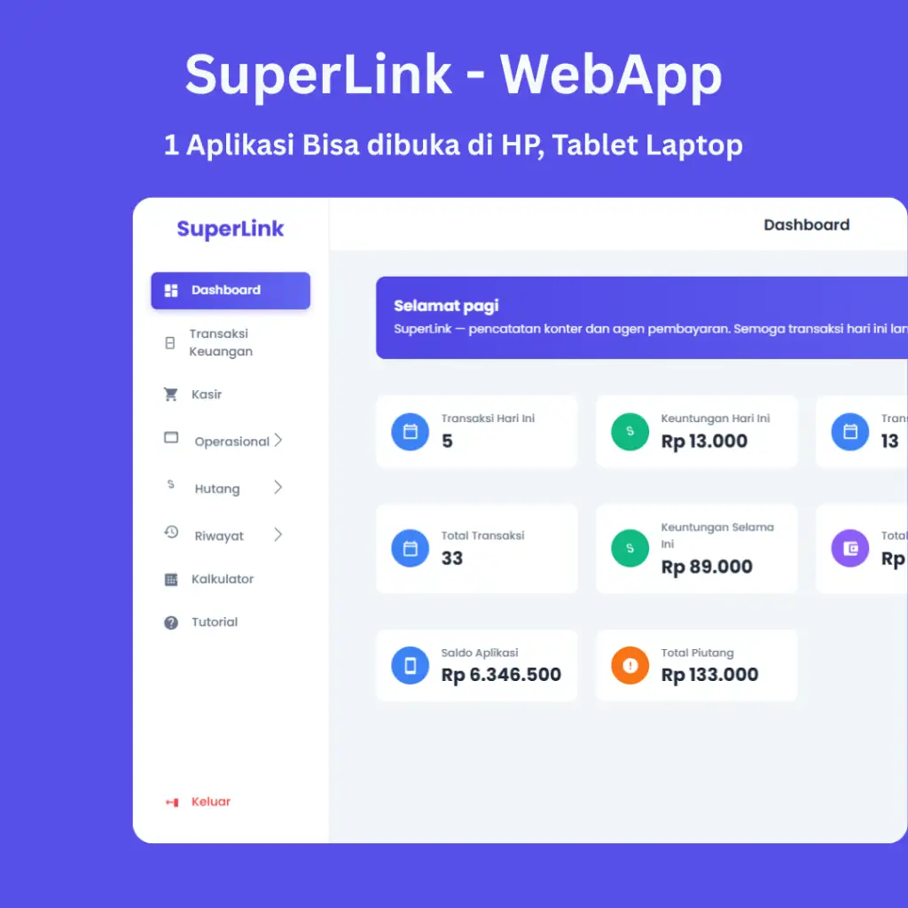 Kasir Konter (WebApp) - Pencatatan Konter & BRI Link Sekali Beli